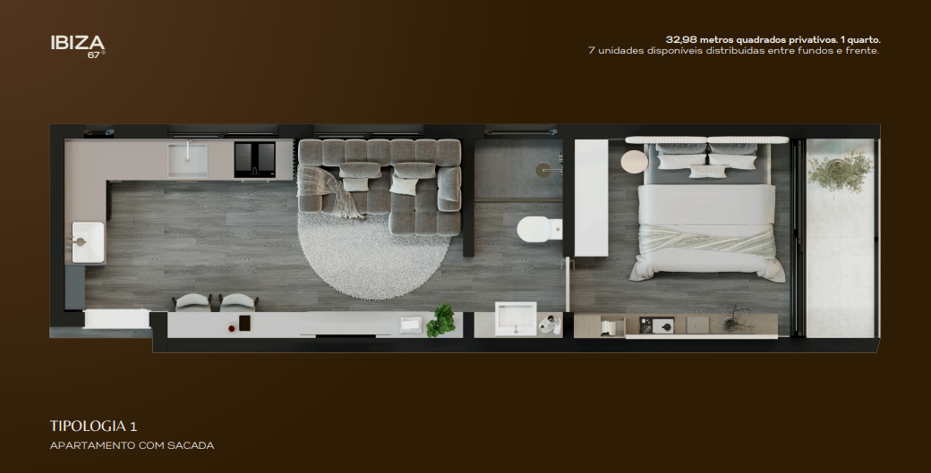 Planta Tipologia 1 — Apartamento com sacada, 32,98 m²